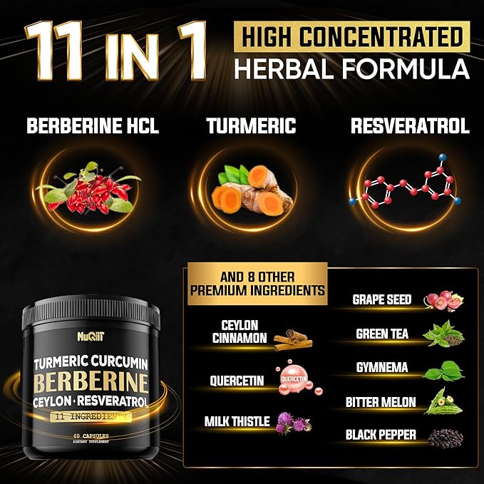 Berberine Supplement. Added Turmeric Curcumin, Trans-Resveratrol & More - Support Gastrointestinal, Body Management & Immune System - 60 Capsules