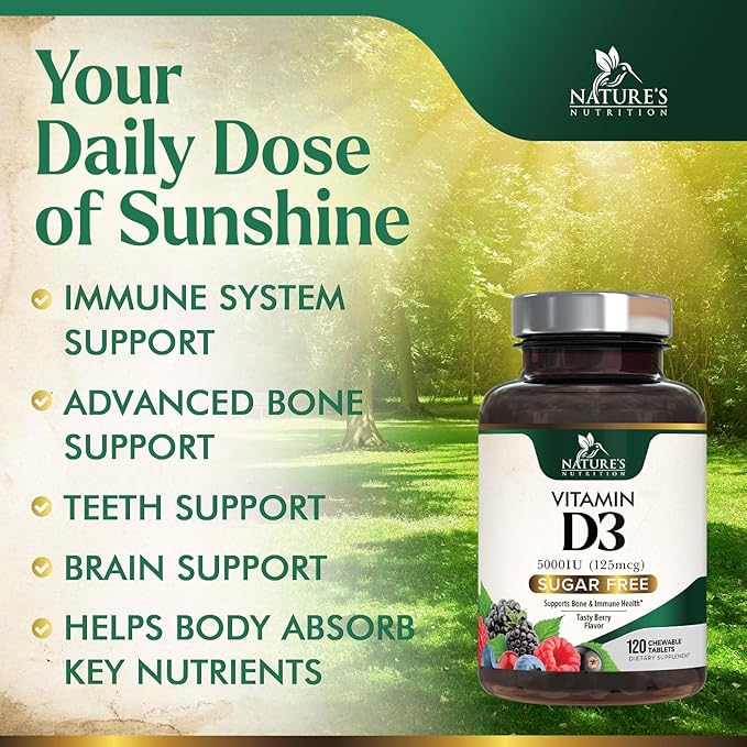 Vitamin D3 5000 IU (125 mcg) - Chewable Vitamin D Supplements for Bone, Teeth, Muscle & Immune Support, Sugar Free, Non-GMO, Gluten Free, Nature's Extra Strength D3 Vitamin - 120 Chewable Tablets