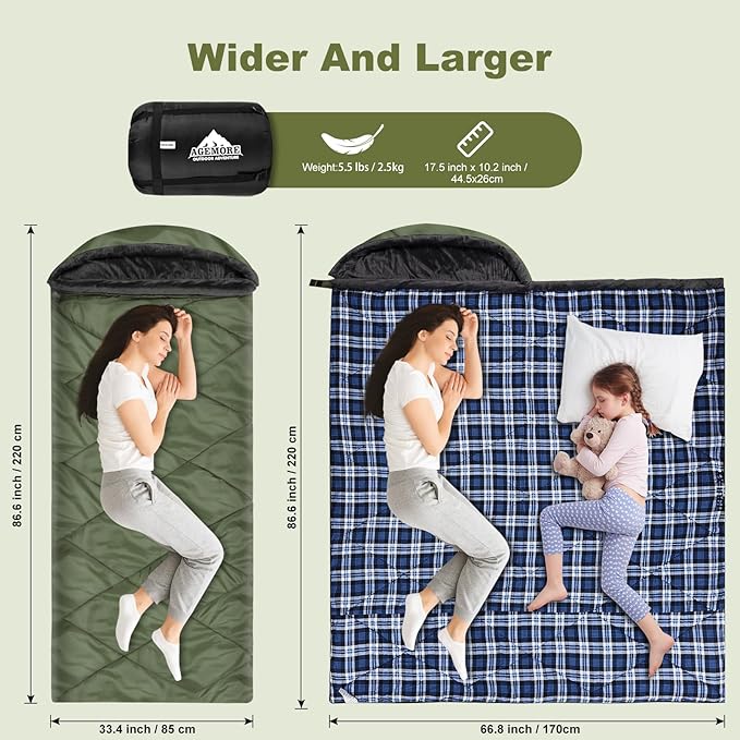 AGEMORE Cotton Flannel Sleeping Bag with Fleece Lined Hood, Waterproof XL Sleeping Bag for Adults, for Cold Weather Camping Backpacking or Hiking, 3-4season with Compression Sack