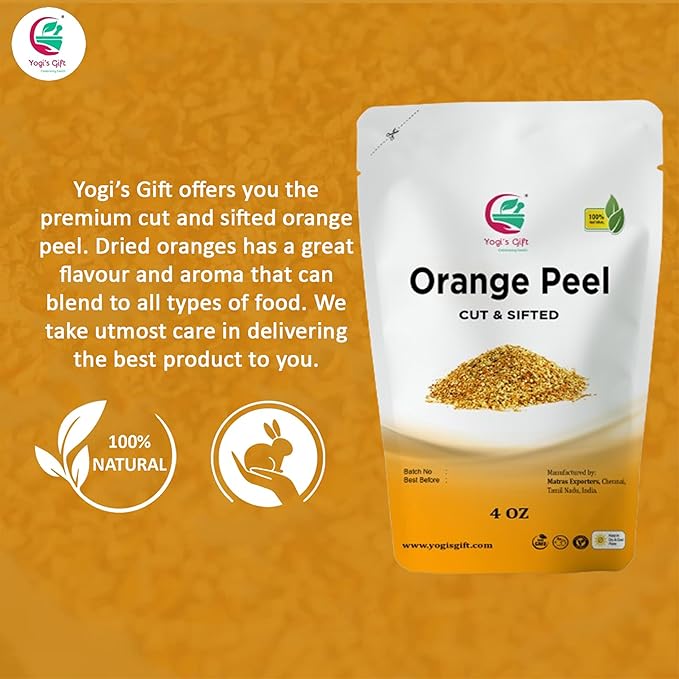 Dried Orange Peel 4 oz | Rich Citrus Aroma and Flavour | Small Granules | Perfect for Tea, Cookies, Rye breads, Seasoning & more | by Yogi's Gift®