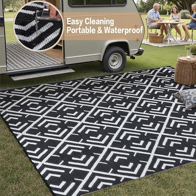 RV Outdoor Rug Waterproof Mat Outdoor Rugs 6'x9' for Patios Clearance Carpet Outdoor Camping Rugs Large Plastic Straw Rug(Geometric Black&White)