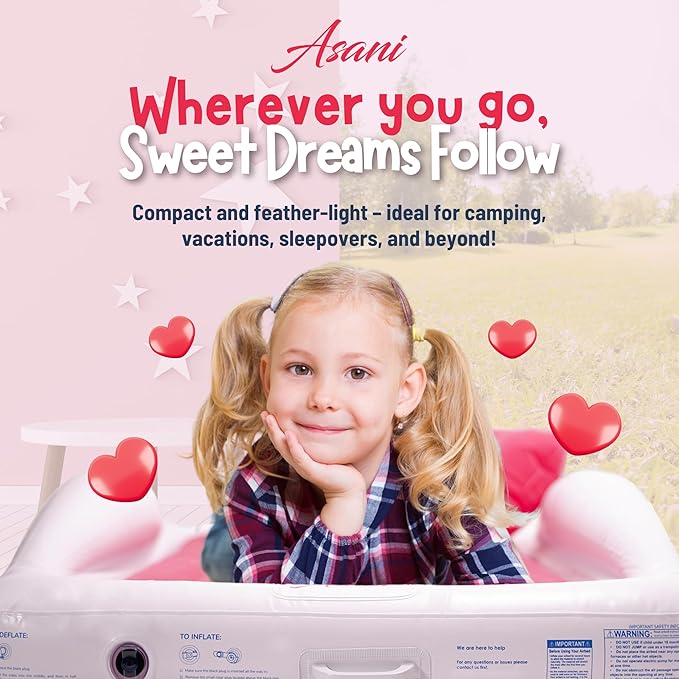 Asani Inflatable Toddler Travel Bed with Electric Pump, Leakproof Air Mattress w/Reinforced Protective Bumpers, Includes Carry Case and Pillow, Fits Kids Up to 4ft, for Camping & Sleepovers (Pink)
