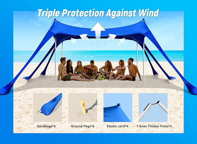 Beach Tent, Camping Sun Shelter UPF50+ with 6 Sandbags, 2 Sand Shovel, 4 Stability Poles, Outdoor Pop UP Beach Canopy for Camping Trips, Fishing, Backyard Fun, Picnics-Dark Blue
