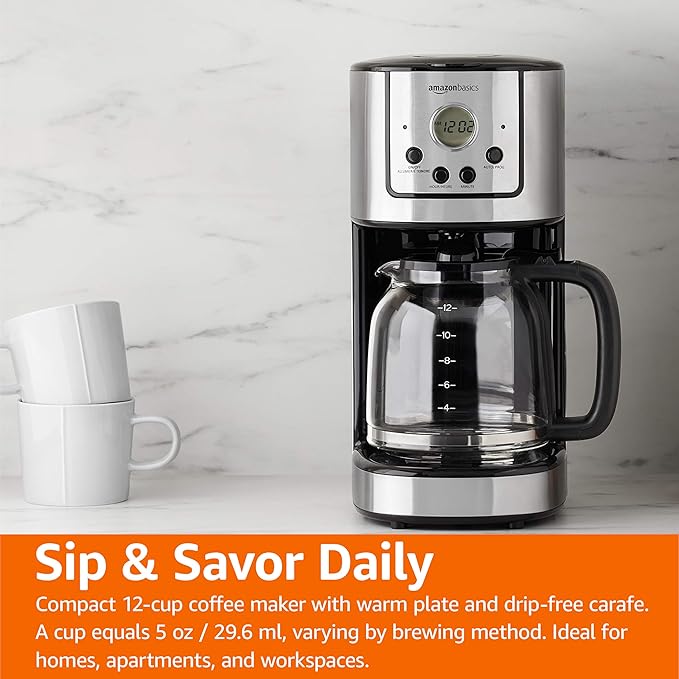 Amazon Basics Programmable Coffeemaker with Carafe and Reusable Filter, Stainless Steel, 12 Cups, Black
