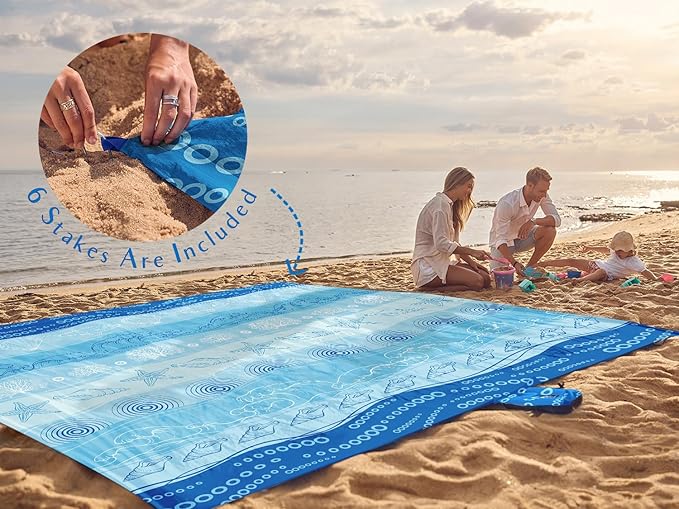 WEKAPO Beach Blanket Waterproof Sandproof Oversized Extra Large Sand Free Beach Mat with Stakes, Storage Bag - Essentials for Outdoor Beach, Picnic (Bohemian Starfish, 8 X 7 FT (1~4 Person))