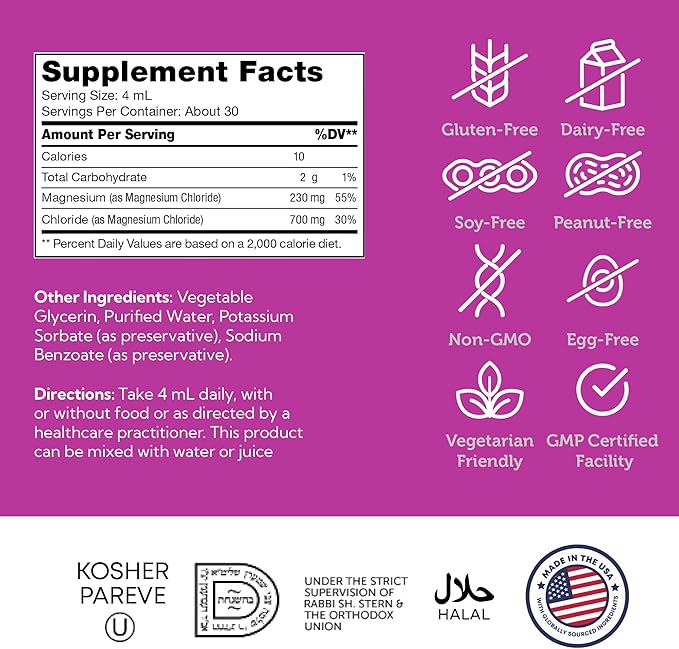 Zahler Liquid Magnesium Chloride Supplement Drops - Unflavored - Super Strength Muscle & Calming Support for Women and Men - Kosher Non-GMO Gluten Free Vegetarian Ionic Formula for Day/Night (4 fl oz)