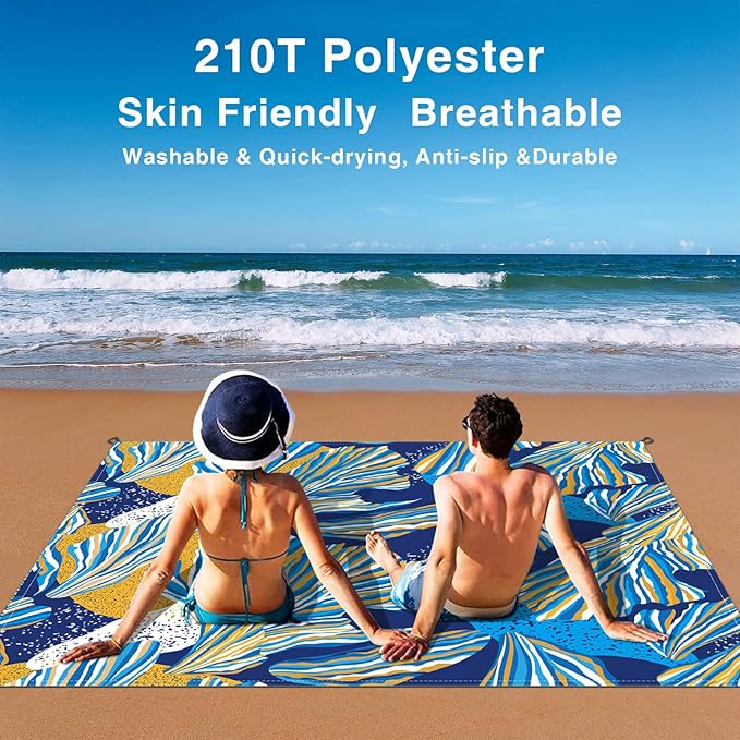 Beach Blanket, Waterproof Sandproof Beach Mat Oversized 79 X 83 Inch for 4-6 Adults, Lightweight Picnic Blanket, Portable Picnic Mat for Outdoor Travel Camping Hiking with 4 Stakes & 4 Corner Pocket