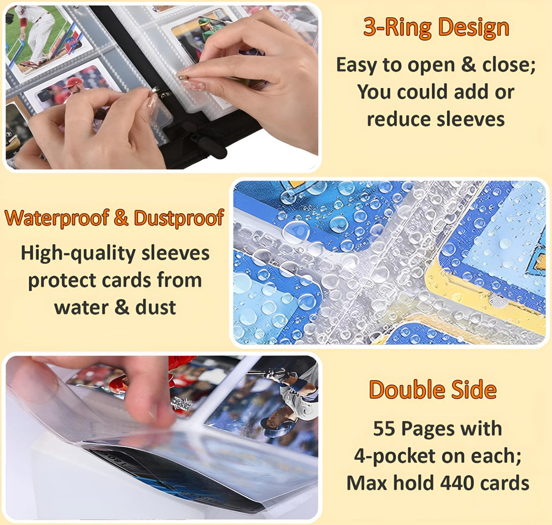 Baseball Card Binder 4 Pocket, 440 Sleeves Baseball Binder for Trading Cards Collection, Baseball Card Organizer, 3 Ring Storage Book, Small Trading Card Album Mini Case, Collector Sports Cards Holder