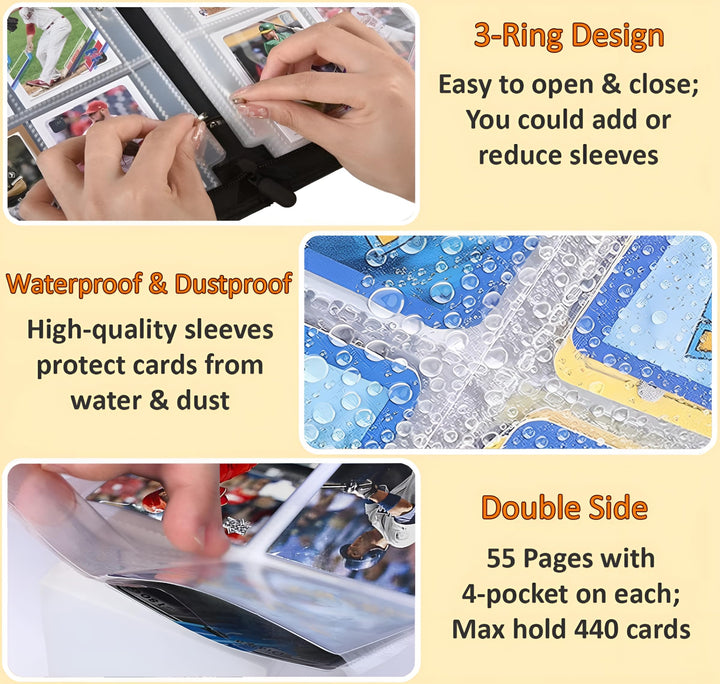 Baseball Card Binder 4 Pocket, 440 Sleeves Baseball Binder for Trading Cards Collection, Baseball Card Organizer, 3 Ring Storage Book, Small Trading Card Album Mini Case, Collector Sports Cards Holder