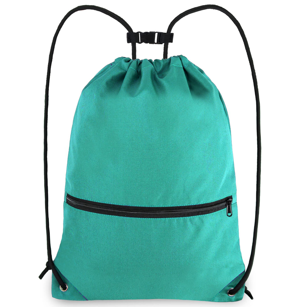 BeeGreen Teal Drawstring Backpack with Front Zipper Pocket and Inner Pocket Large 18.5" L x 13.8" W String Sackpack Cinch Sack Gym Sports Workout Athletic Bag For Men Women