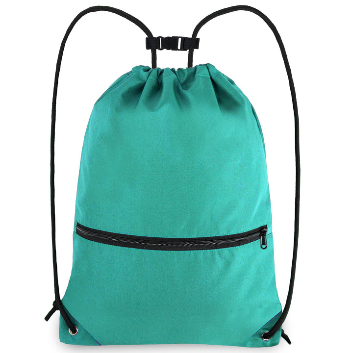 BeeGreen Teal Drawstring Backpack with Front Zipper Pocket and Inner Pocket Large 18.5" L x 13.8" W String Sackpack Cinch Sack Gym Sports Workout Athletic Bag For Men Women
