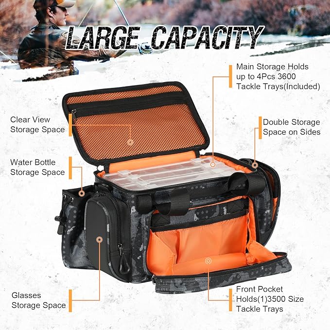 Fishing Bag - Waterproof Storage with 4 3600 Tackle Box, Saltwater & Freshwater Shoulder Bag for Camping, Hunting, Hiking, Travel