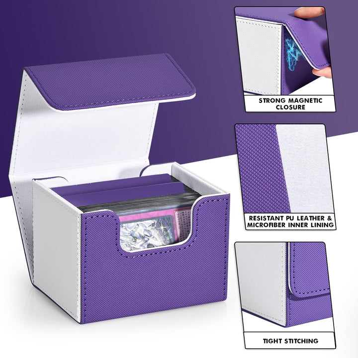 ZLCA Card Deck Box for Trading Cards, MTG Commander Deck Box Holds 120+ Single Sleeved Cards, Leather Magnetic Card Storage Box Fits for TCG CCG Magic Cards (White& Purple)