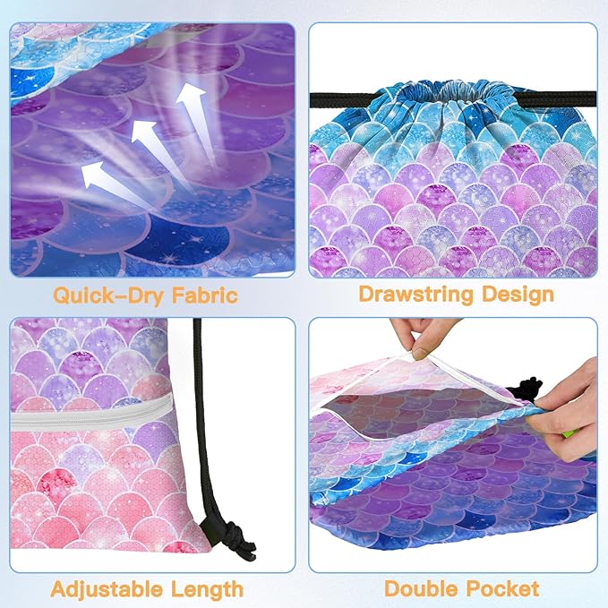 Slohif Drawstring Backpack Beach Swim Bag for Kids Draw String Dance Travel Cinch Ballet Gym Bags for Girls Boys Mermaids Waterproof Backpack for Swimming Summer Camp Pool Sports Nylon Large