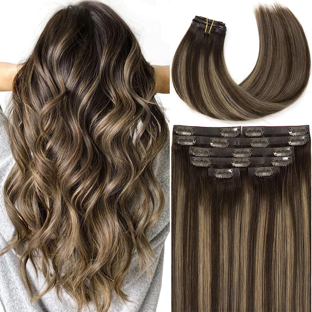 Lacer Hair Seamless Hair Extensions Clip In Human Hair Rooted Chestnut Brown Mixed Dark Brown With Dark Brown Roots R#2-2/6 Full