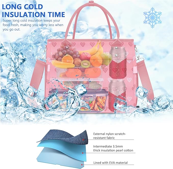 Lunch Bag Lunch Box Women - Leakproof Insulated Lunch Cooler Bag for Women - Large Lunch Tote Bags Adults, Pink Heart