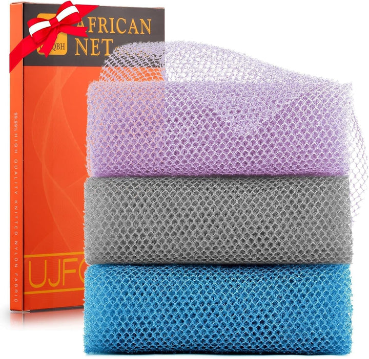 3-Piece African Net Bath Sponge Set | Exfoliating Body Scrubber | Blue