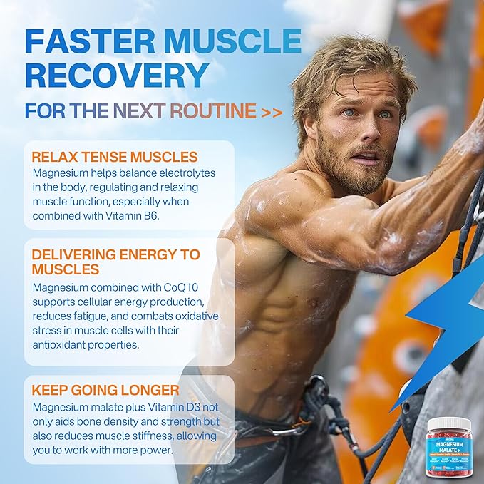 Magnesium Malate Gummies for Energy, Muscle, Calm & Relax Support - 400mg Magnesium Supplement with CoQ10-100mg, L-Theanine, Vitamin D3, B6, B12 & Folate 5-MTHF, Sugar Free Magnesium Vitamins, 1Pack