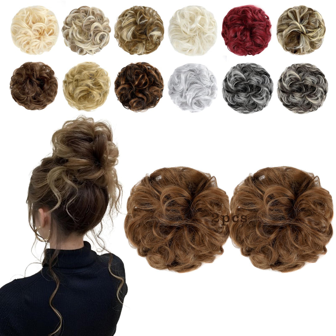 FeidyLong 2 PCS Messy Bun Hair Piece Wavy Curly Scrunchies Synthetic Chignon Ponytail Hair Extensions Thick Updo Hairpieces for Women Girls(Light Auburn)
