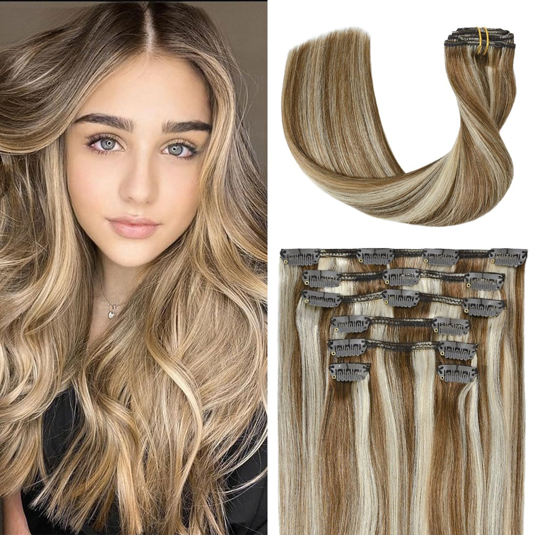 Ugotrays Clip In Extensions Real Human Hair Balayage Light Brown To Bleach Blonde Highlights Remy Human Hair Extensions 15 Inch