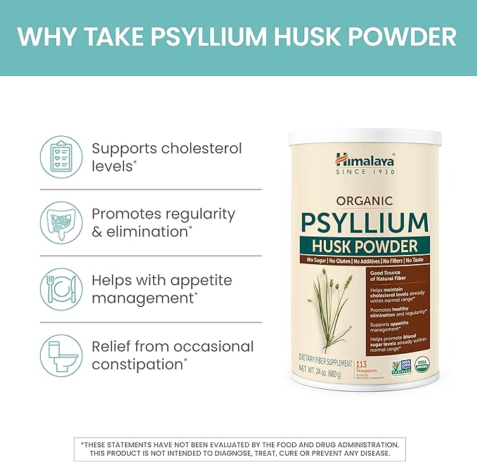 Himalaya Organic Psyllium Husk Powder, Daily Dietary Fiber Supplement, Regularity, Appetite Management, Certified Organic, Non-GMO, No Artificial Colors, Unflavored, 113 Teaspoon Supply, 24 Oz
