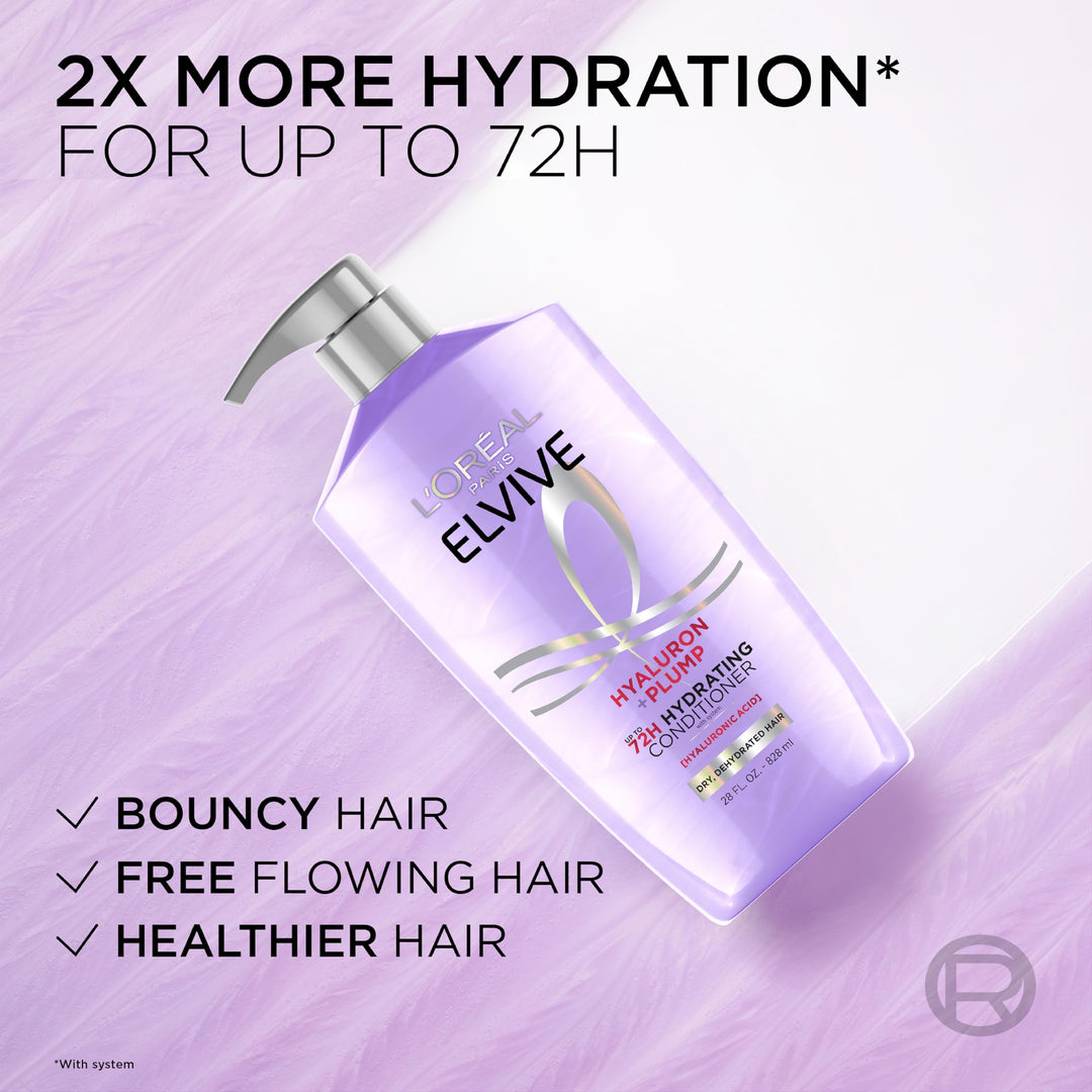 L'Oreal Paris Elvive Hyaluron Plump Hydrating Conditioner for Dehydrated, Dry Hair Infused with Hyaluronic Acid Care Complex, Paraben-Free, 26.5 Fl Oz