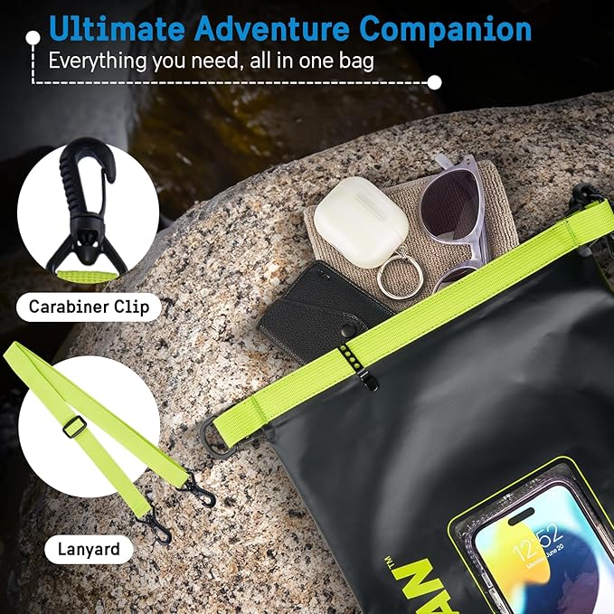 Pelican Marine IP68 Waterproof Dry Bag 5L - Roll Top Waterproof Backpack w/Phone Case/Pouch - Boating & Kayak Accessories - Essentials for Camping Swimming Beach Fishing Rafting Travel - Black/Yellow