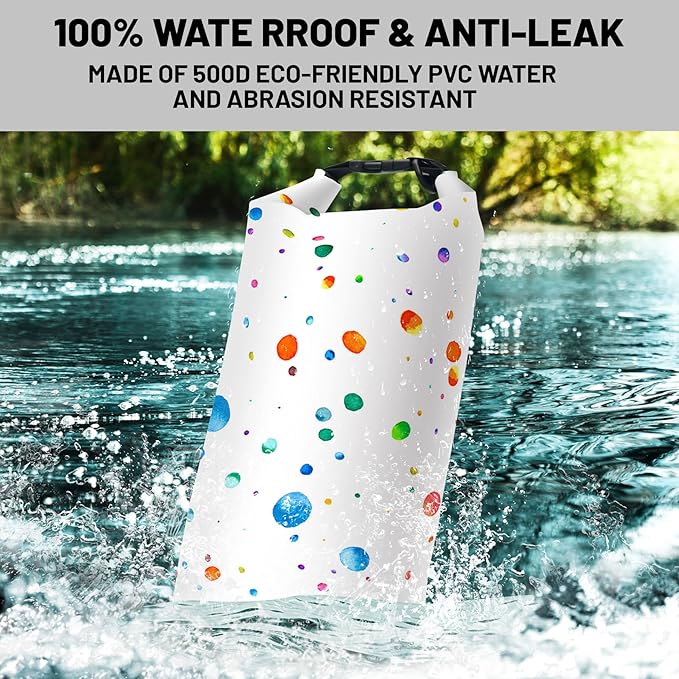 Waterproof Dry Bag,Roll Top Colorful Polka Dot Small Waterproof Backpack 5L/10L/20L Floating and Lightweight Bags for Kayaking, Boating, Fishing, Swimming and Camping with Waterproof Phone Case
