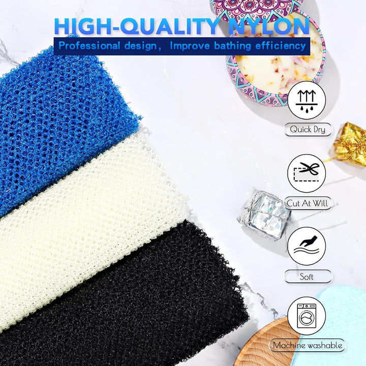 3-Piece African Net Bath Sponge Set | Exfoliating Shower Scrubber | Black, Blue, Brown