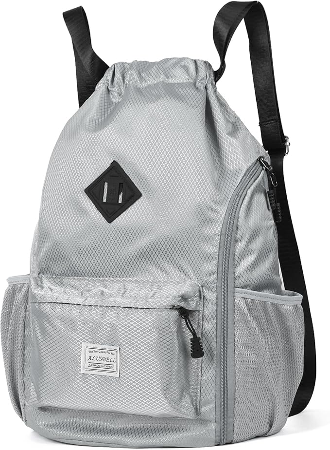 ALUSBELL Large Drawstring Backpack Bag, Sports Gym Bag String Sackpack with Shoes Compartment, Waterproof String Bag Cinch for Women Men(Gray)