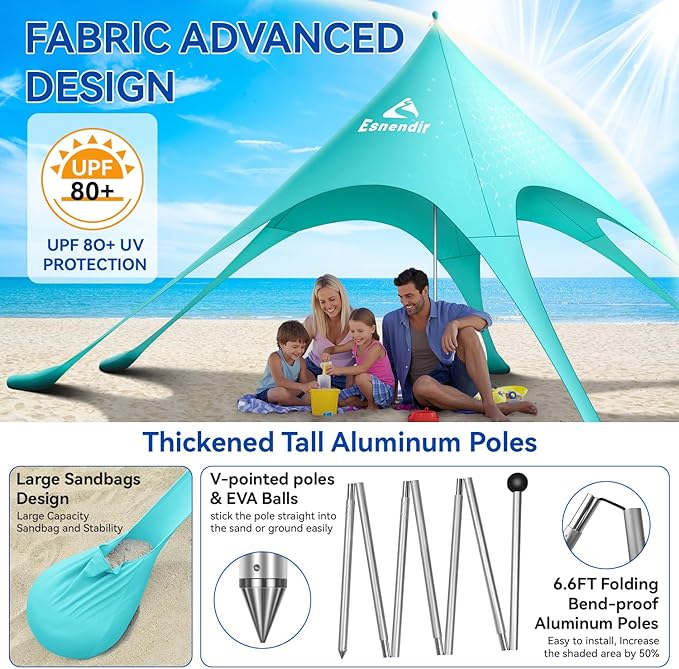 Beach Tent Sun Shelter & Portable Beach Canopy UPF 80+ UV Protection, Beach Shade Canopy with 6 Sandbags, Sand Shovel Ground Pegs for Outdoor Camping, Picnics (12x12ft, Turquoise)