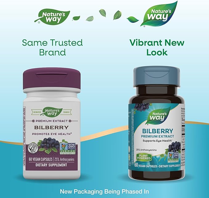 Nature's Way Bilberry Premium Extract, Supports Eye Health*, Eye Health Supplement for Adults with Black Elderberry*, Gluten Free, Vegan, 60 Capsules (Packaging May Vary)