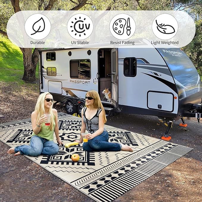 Waterproof Outdoor Rug 5x8ft, Boho Reversible Plastic Straw Mat for Patio RV Deck Porch Backyard Balcony Camping Picnic Beach Indoor Outdoor Carpet, Black&Beige
