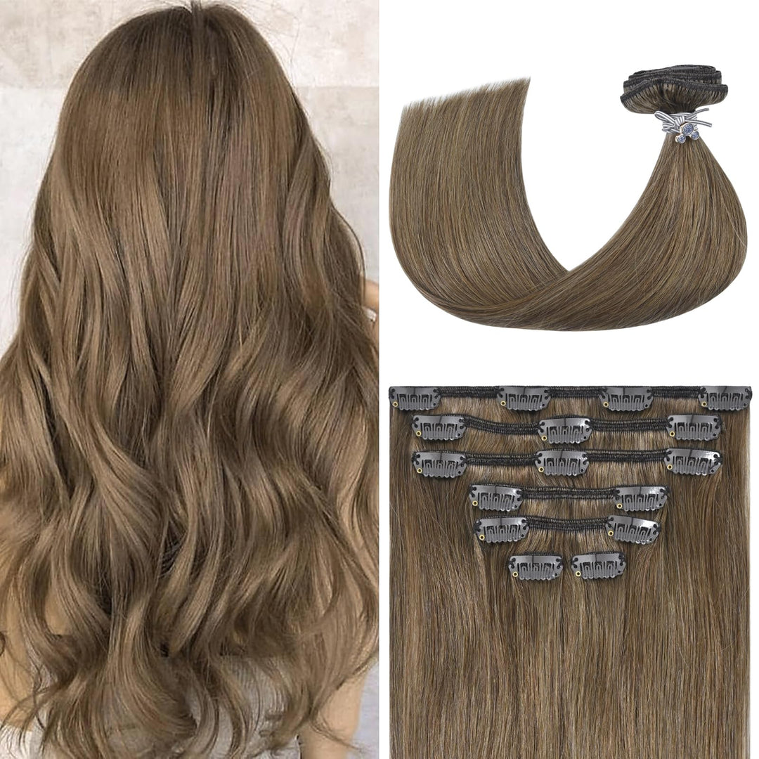 Aison Ash Brown Hair Extensions Real Human Hair Clip Ins 70G Remy Human Hair Soft Silky Straight For Fashion Women 7Pcs 16Clips