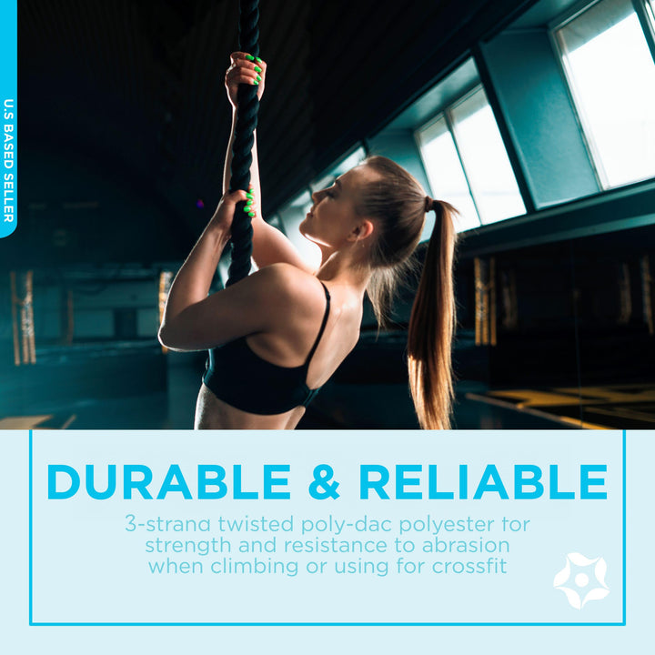 Get Out!™ Workout Fitness Climbing Rope 20’ Foot x 1.5” Inch in Black – Battle Rope for Outdoor and Indoor Gym Exercise