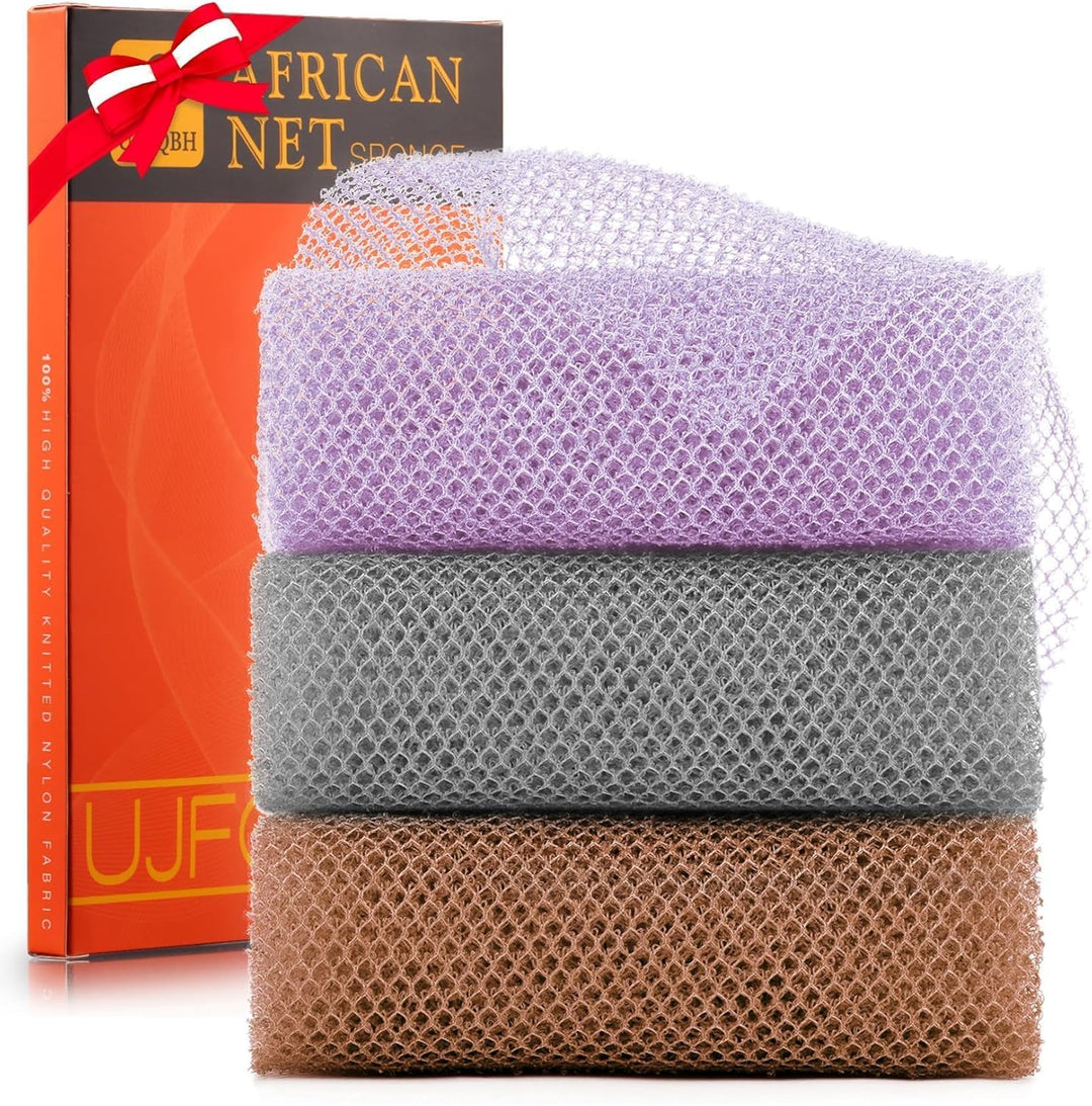 3-Piece African Net Bath Sponge Set | Exfoliating Body Scrubber | Blue