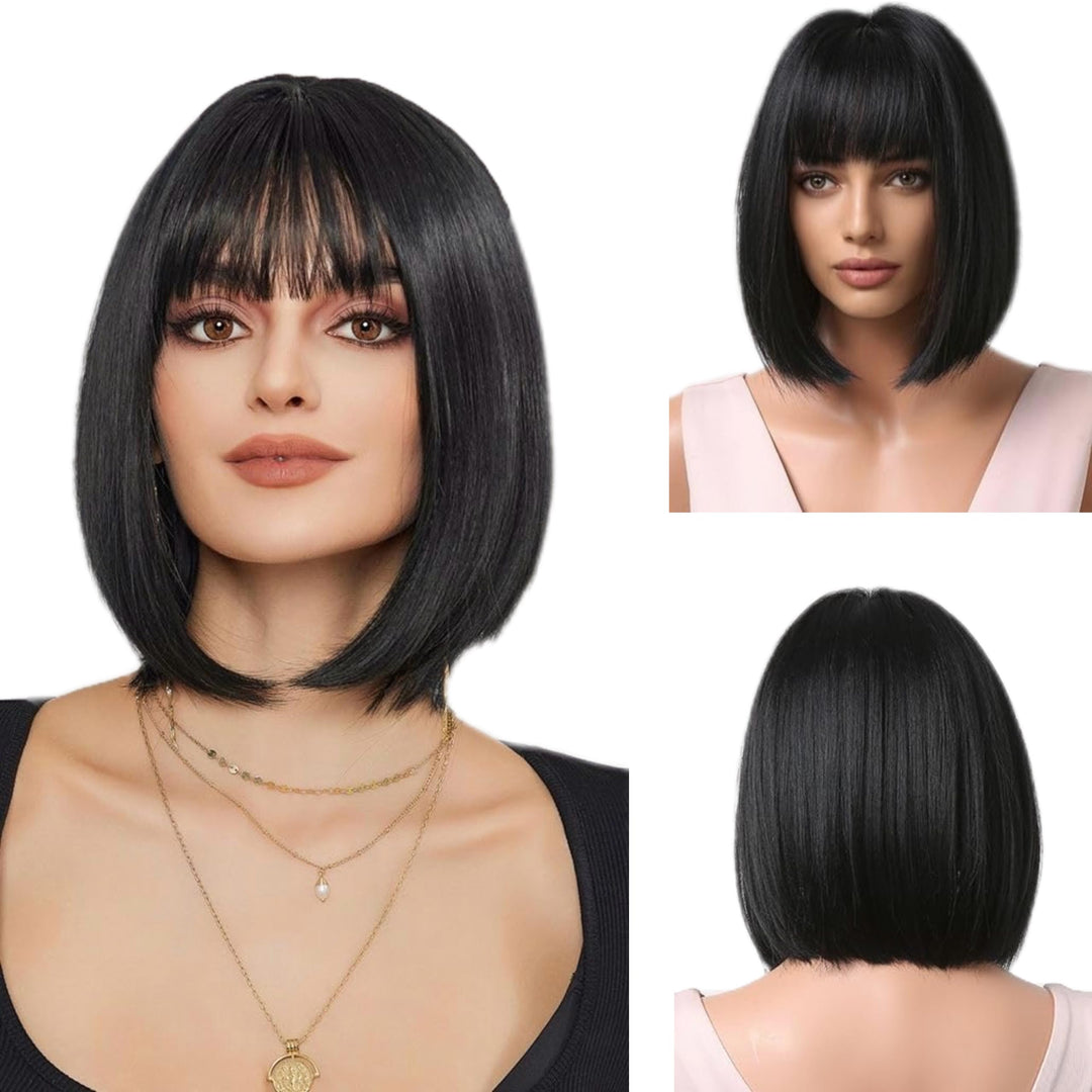 Tangyaoyusun 12Inch Black Wig with Bang Short Straight Bob Hair For Girls Women Theme Party(Black)