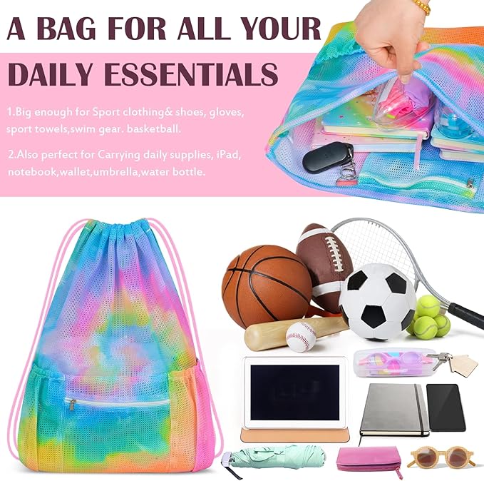Mesh Drawstring Backpack, Large Sports Gym Bag for Women Kids with Pocket and Zipper Sackpack for Beach Yoga Football Soccer (Tie Dye Yellow)