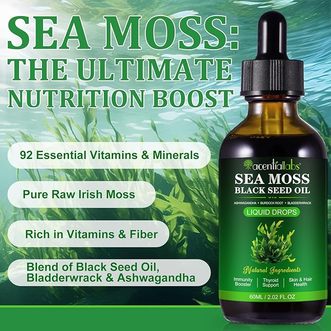 Sea Moss Liquid Drops - Irish Sea Moss with Burdock Root, Black Cumin, Bladderwrack, Ashwagandha - Essential Minerals Seamoss Supplement for Immune, Joint, Digestion, Aging Support