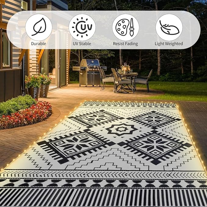8x10ft Waterproof Outdoor Rug with LED Lights, Boho Reversible Plastic Straw Mat for Patio RV Camping Picnic Balcony Beach Deck Indoor Outdoor Carpet, Black&White
