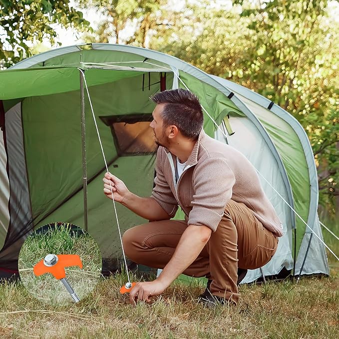 Hicarer 20 Pcs 8'' Screw in Tent Stakes Heavy Duty Ground Anchors Screw in Tent Pegs Ground Stakes Tent Spikes Metal Tent Spikes with Hex Head Driver for Camping Garden Canopies (Orange)