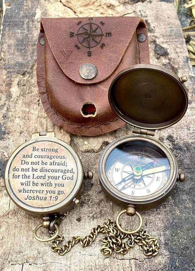 Be Strong & Courageous Brass Compass | Engraved Religious Joshua 1:9 Quote Birthday Gift, Baptism Confirmation Gifts idea for Boy Girl Men Women (Be Strong & Courageous)
