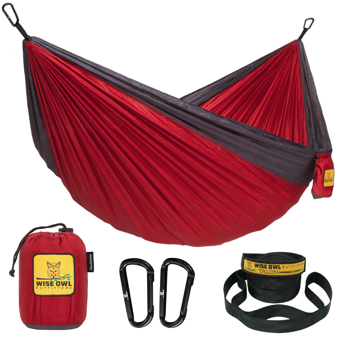 Wise Owl Outfitters Hammock for Camping Double Hammocks Gear for The Outdoors Backpacking Survival or Travel - Portable Lightweight Parachute Nylon DO Red & Charcoal