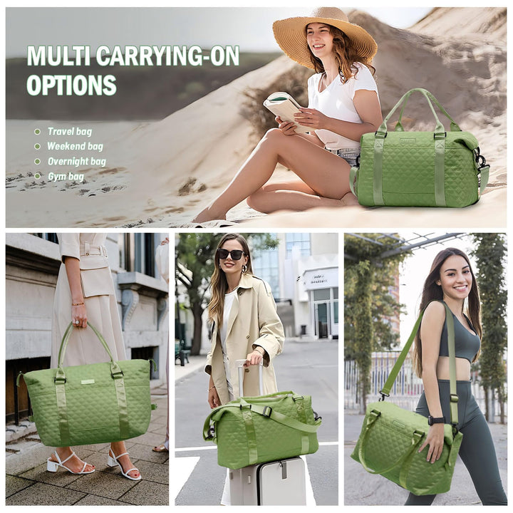 FIORETTO Women's Water-Resistant Travel Gym Duffle Bag with Detachable Strap, Multi-Functional, Ideal for Travel, Gym, Sports, Weekender, DUffel, with Toiletry Bag, Green