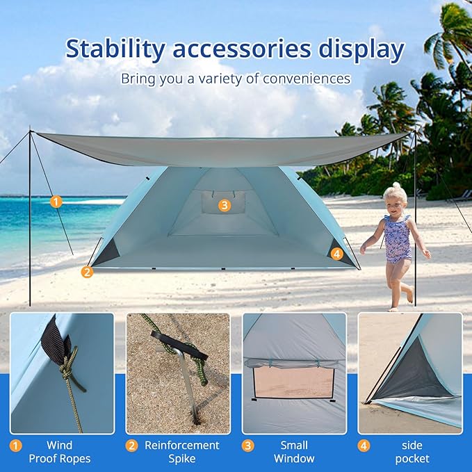Beach Tent with Canopy, UPF 50+ UV Protection with Silver Coating, Beach Cabana for 4-6 People,Sun Shelter Tent with Ventilation Window & Storage Pockets, Easy to Set up for Family Outdoor use