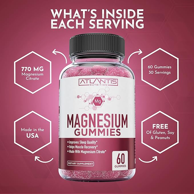 Atlantis Nutrition Magnesium Citrate Gummies – 770mg Magnesium Citrate for Kids & Adults | Supports Muscle Recovery, Eases Cramps, Promotes Calmness & Better Sleep | 60 Vegan Gummies