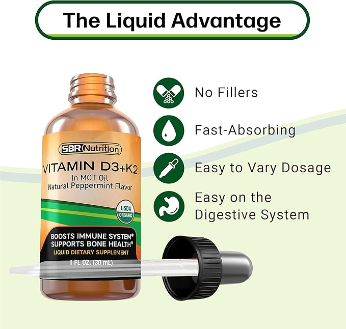 MAX Absorption, Vitamin D3 + K2 (MK-7) Liquid Drops with MCT Oil, Peppermint Flavor, Helps Support Strong Bones and Healthy Heart