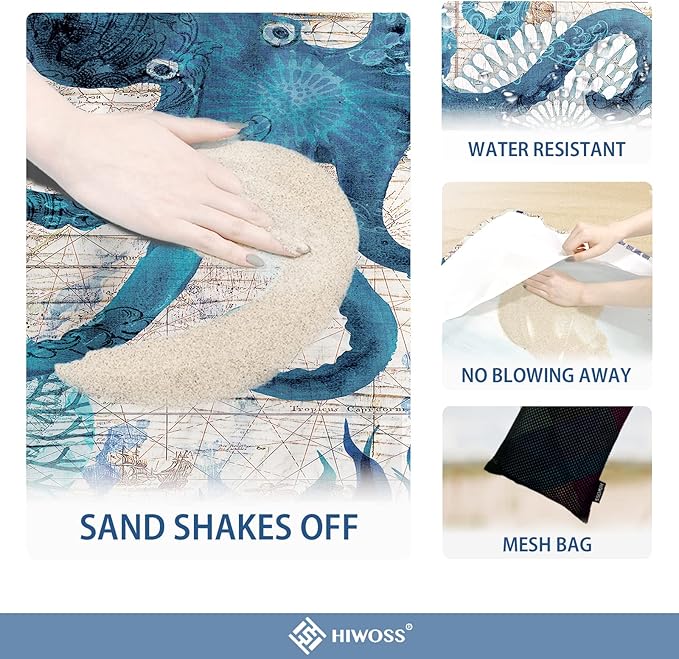 Beach Blanket Waterproof Sandproof Oversized 95”x 80”,Sand Free Beach Mat with Corner Pockets,Portable Mesh Bag for Beach Festival,Picnic,Travel and Outdoor Camping (Octopus)