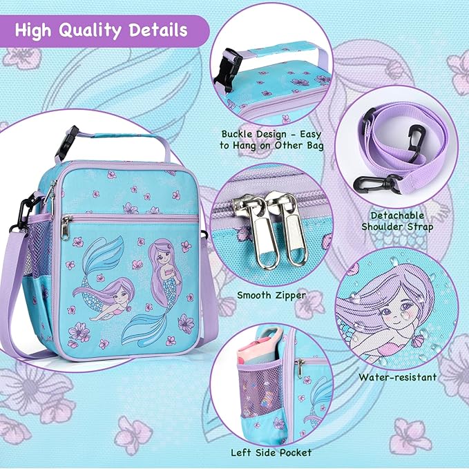 Kids Insulated Lunch Box Bag, Thermal Picnic Cool Bags with Adjustable Strap for Adults Children Women Men Boys Girls School Work (Mermaid01)