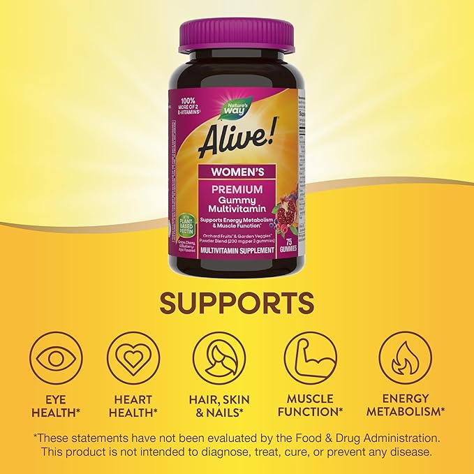 Nature’s Way Alive! Premium Women’s Gummy Multivitamin, Supports Energy Metabolism, Muscle Function*, B-Vitamins, Grape, Cherry, & Blueberry-Acai Flavored, 75 Gummies (Packaging May Vary)